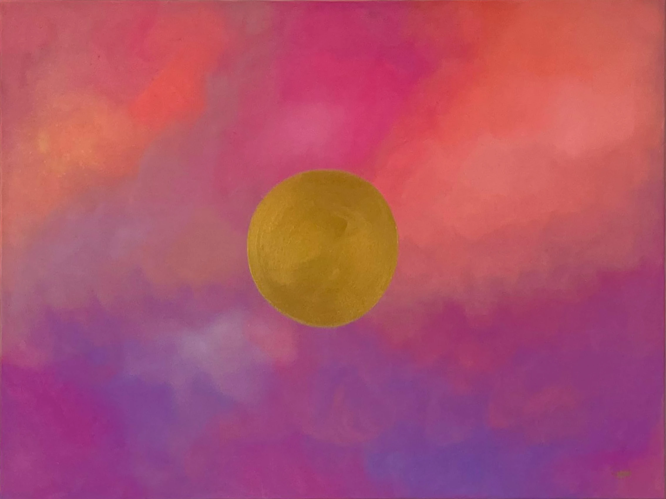 Goldene Mitte – Abstraktes Acrylgemälde: goldener Kreis in pink-lila Farbverlauf